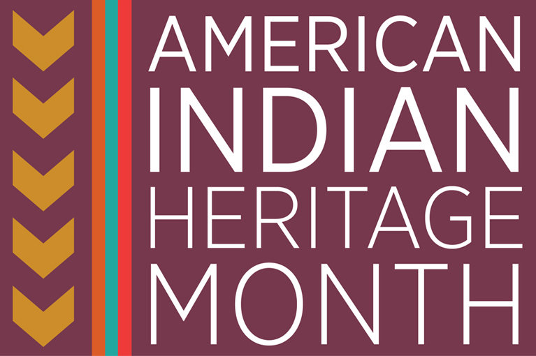 Words American Indian Heritage Month on a maroon background