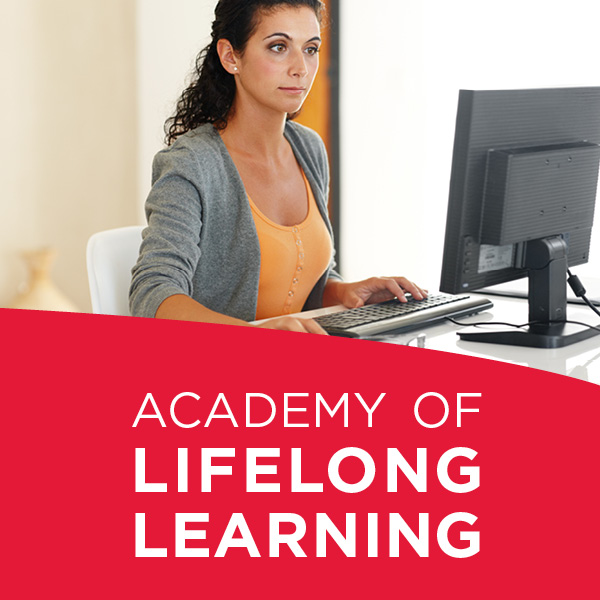 Image of Woman at Computer with Academy of Lifelong Learning wording at the bottom of the image