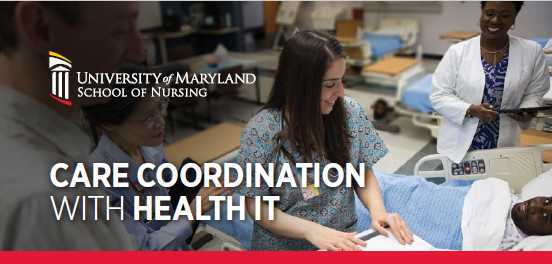 Care Coordination with Health IT image: Student nurse at the University of Maryland School of Nursing is using technology to coordinate team care