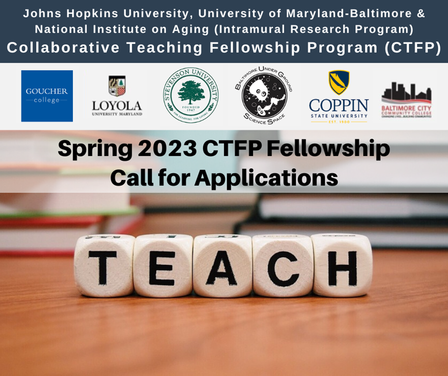 JHU, UMB, NIA Collaborative Teaching Fellowship Program. Logos of Goucher, Loyola, Stevenson, BUGGS, Coppin, and BCCC. Spring 2023 CTFP Fellowship Call for Applications. Dice spelling TEACH.