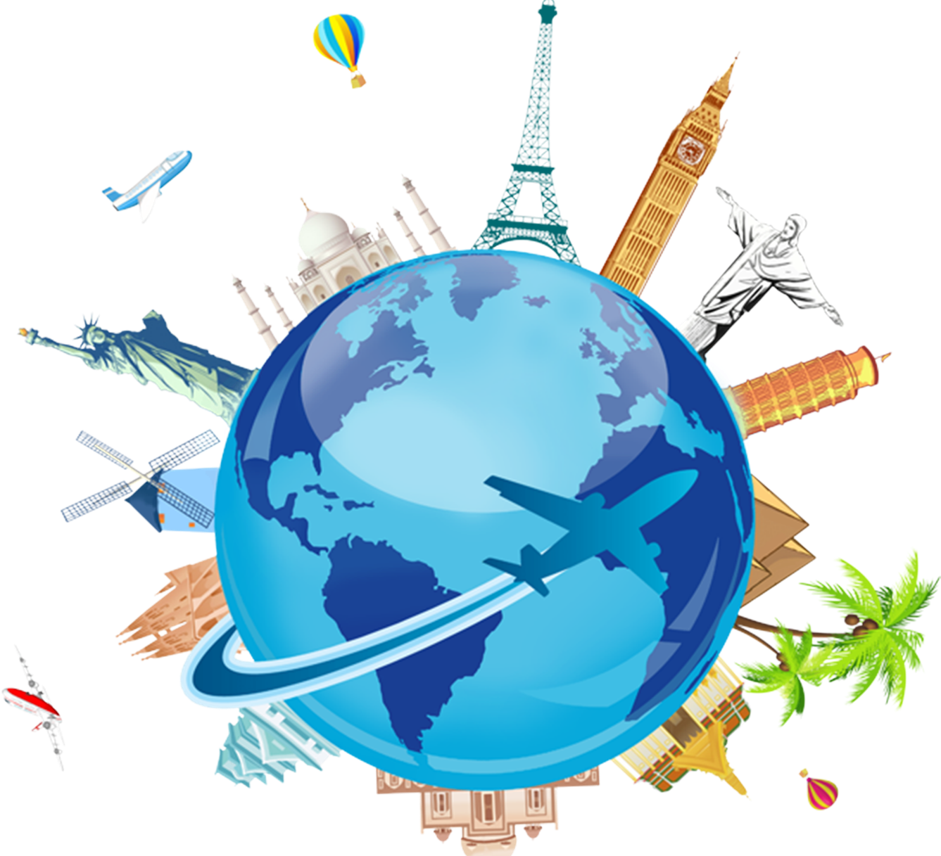 Globe depicting travel methods and destinations