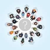 Many people standing in a circle around a question mark.