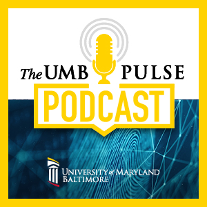 The UMB Pulse Podcast logo with a teal fingerprint in the background