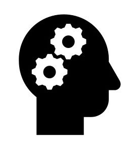 human head profile with gears representing thinking
