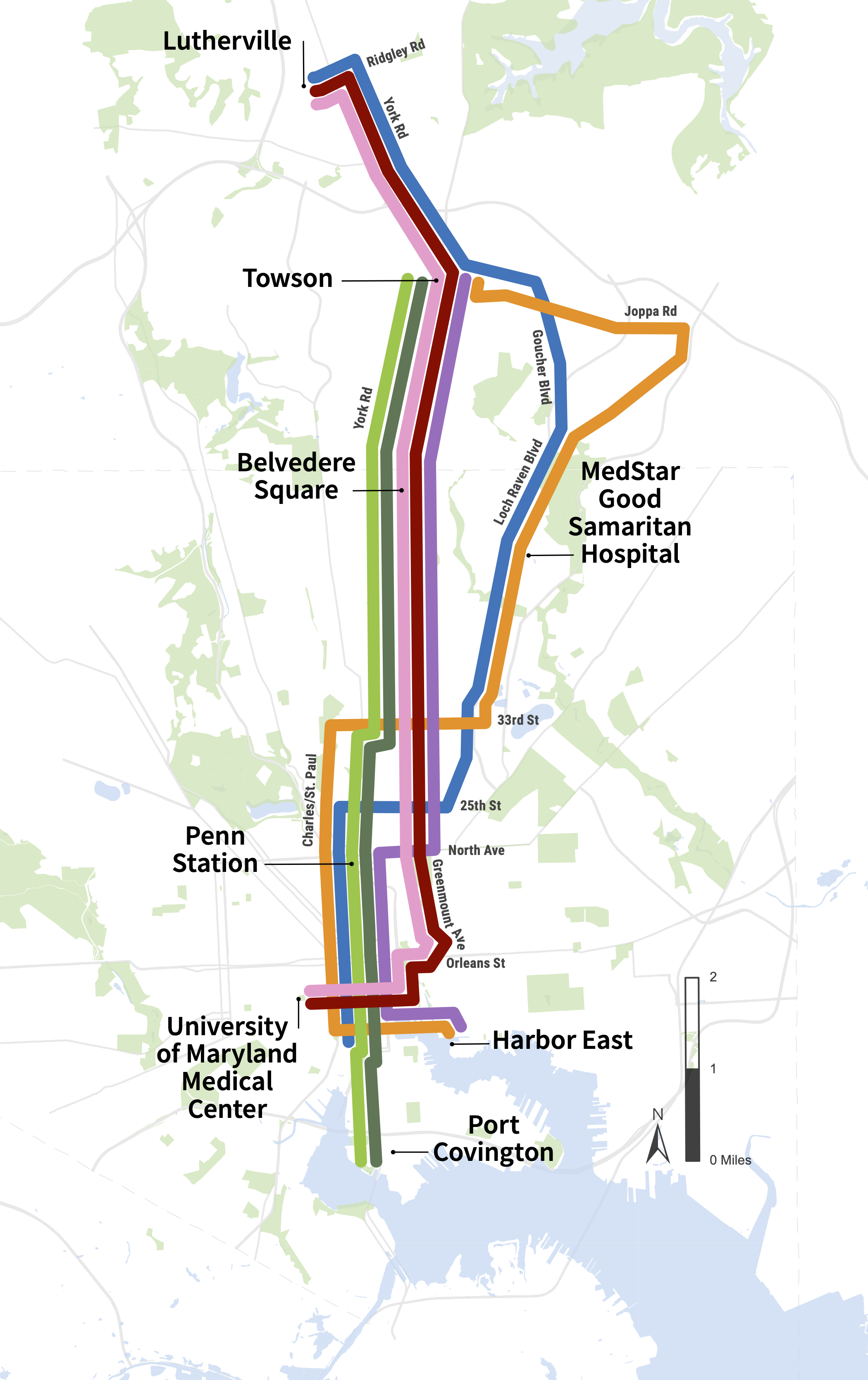Map of seven alternative routes for the Maryland Department of Transporation Maryland Transit Authority's North-South Corridor Study