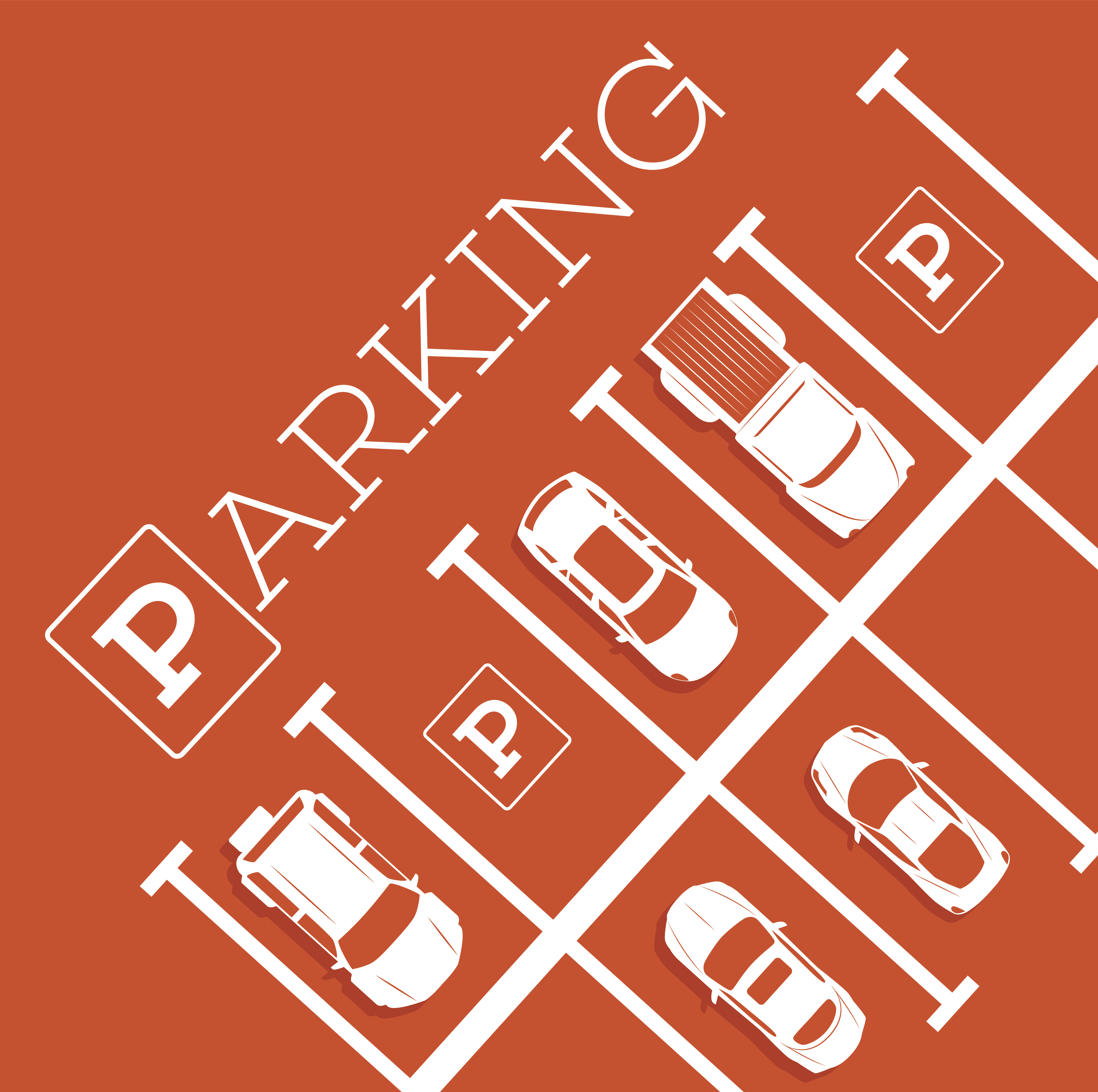 Orange graphic with cars in parking lot