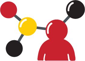 red figure around yellow, black and red molecules