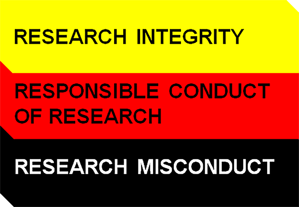 red, yellow, and black bars with the words research integrity, responsible conduct of research, and research misconduct.  