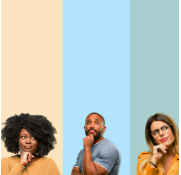 Three individuals have their hand on their chin with pondering faces. Each person has a different colored backdrop, going from yellow to blue to green.