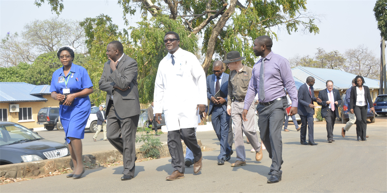 People in medical jackets and business suits walk outside in Africa.