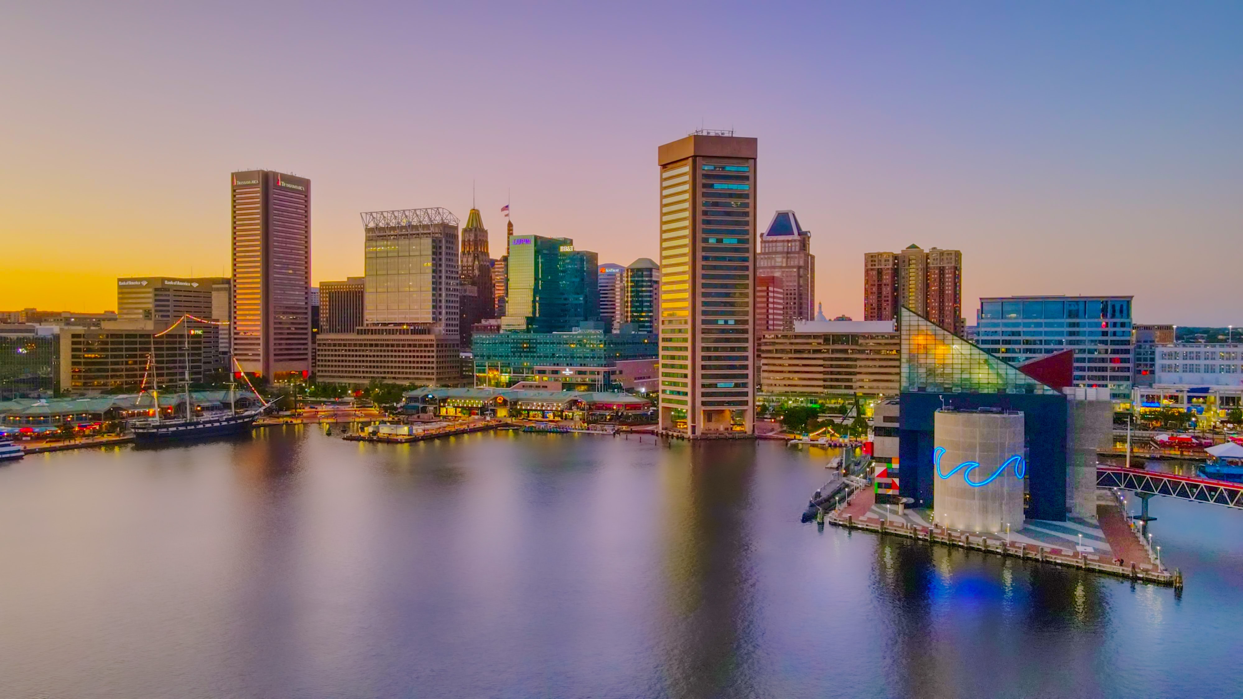 Baltimore city skyline at dusk.