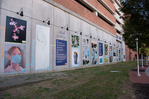 arch gallery wall showing artwork vinyls applied over concrete