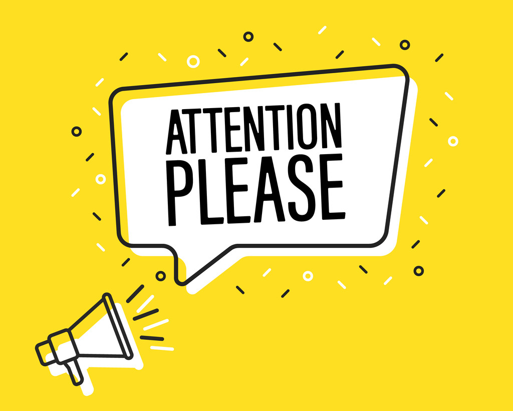 graphic with yellow background and megaphone saying Attention Please in a conversation bubble