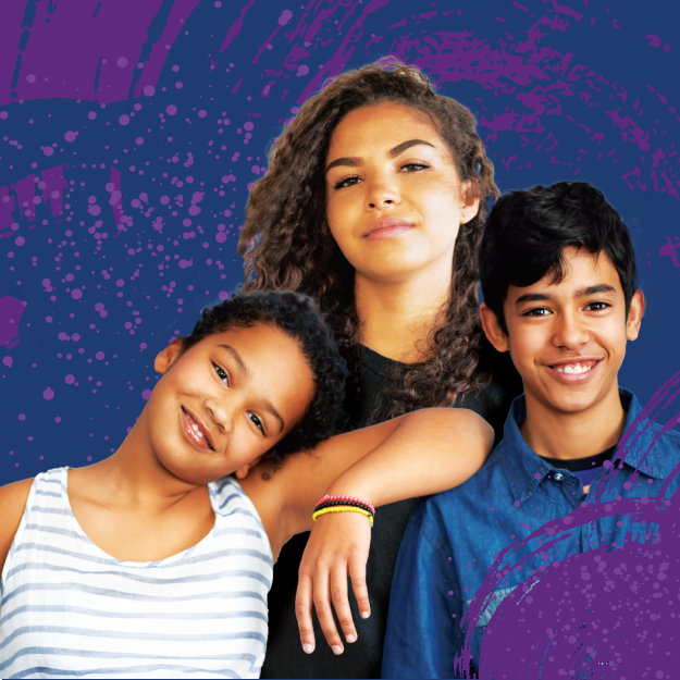 Three kids on a purple background