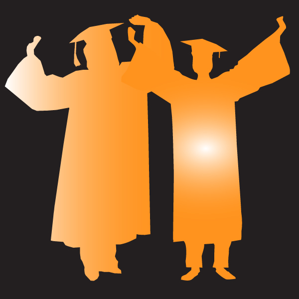 gold silhouettes of two graduates in regalia against a black background