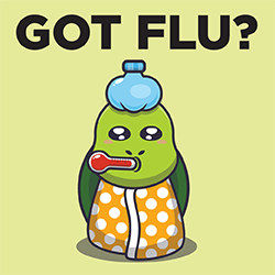 graphic of a sick turtle with a thermometer in its mouth and ice pack on its head with the words Got Flu? over its head