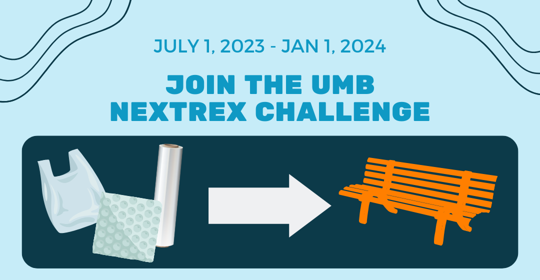Join the NexTrex  Challenge, July 1 through Jan. 1 with picture of plastic wrap, an arrow, and a bench