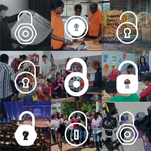 a photo grid of different communities with the open lock logo of the Open Access movement superimposed