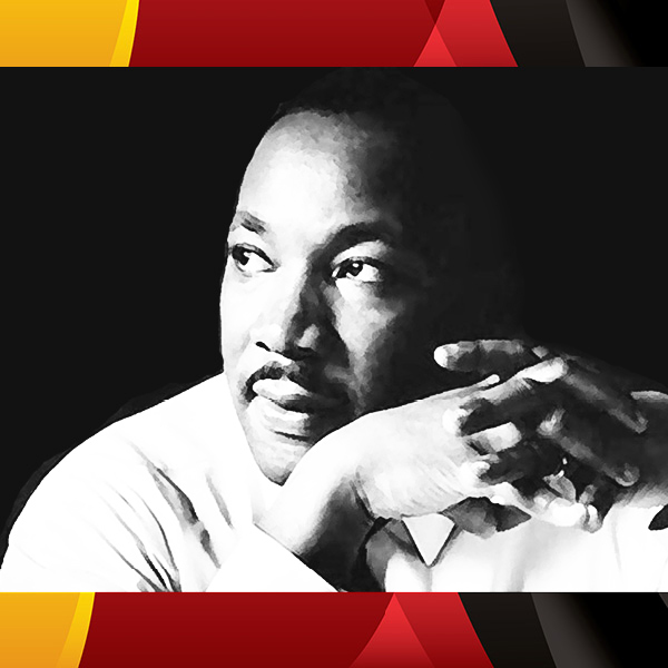 Photo of MLK Jr. with red and yellow lines above and below