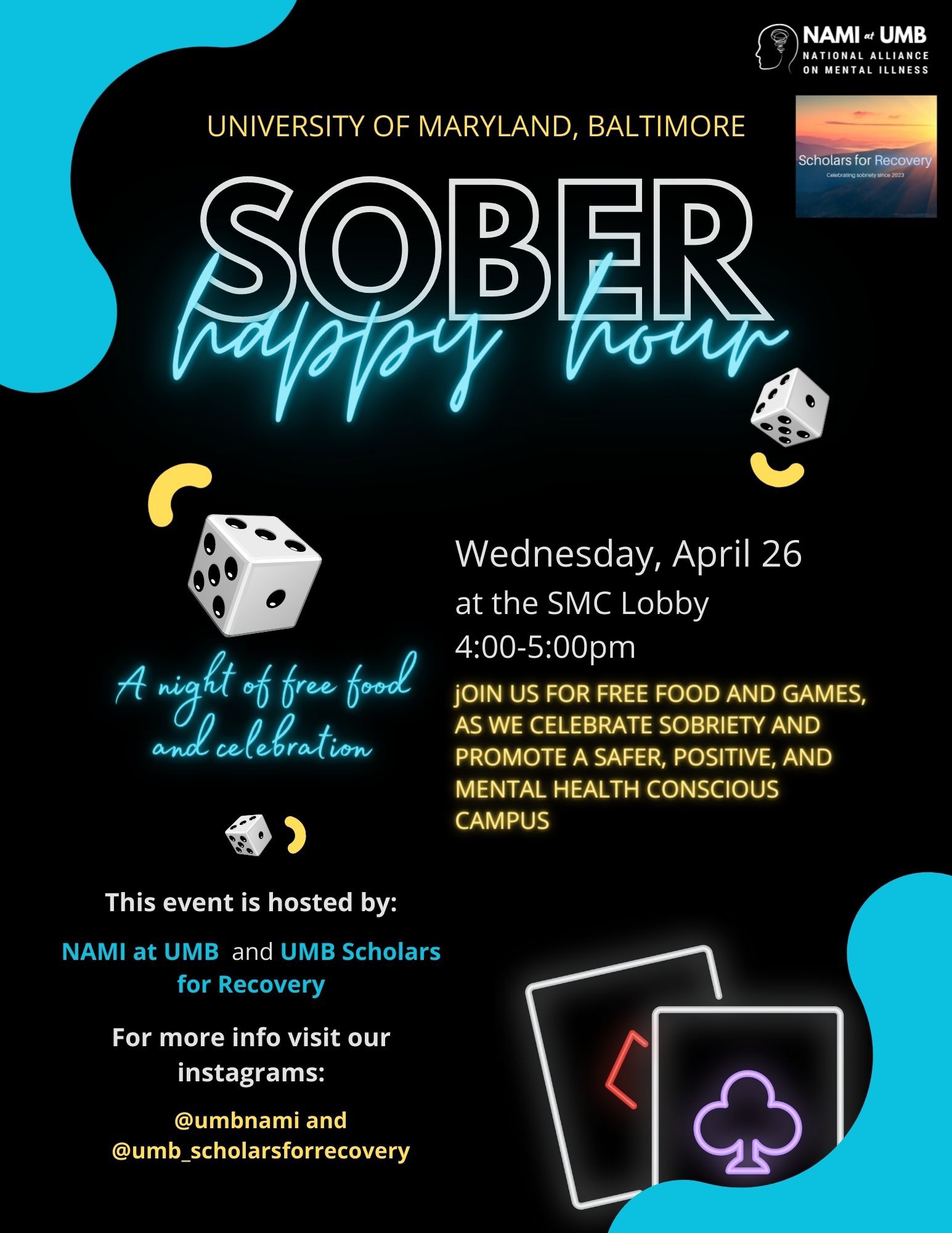 Sober Happy Hour - Wednesday April 26 at the SMC Lobby from 4:00pm - 5:00pm. Join us for free food and games, as we celebrate sobriety and promote a safer, positive, and mental health conscious campus