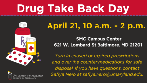 Graphic for Drug Take Back Day on April 21 from 10 to 2 in the SMC Campus Center.