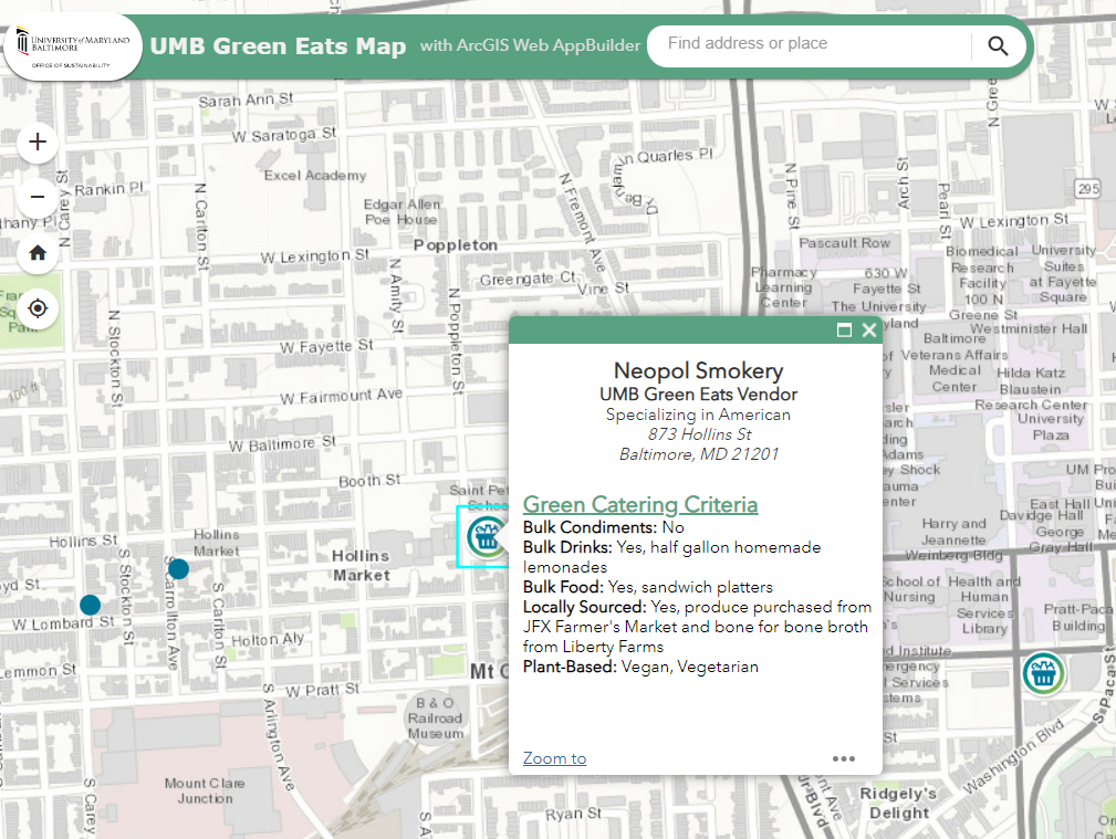 ArcGIS map showing green caterers in the UMB area