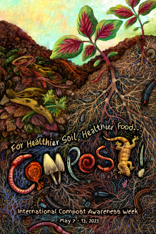 An image depicting compost and a soil ecosystem with plant roots, insects, and fungi. For Healthier Soil, Healthier food... International Compost Awareness Week May 7-13, 2023