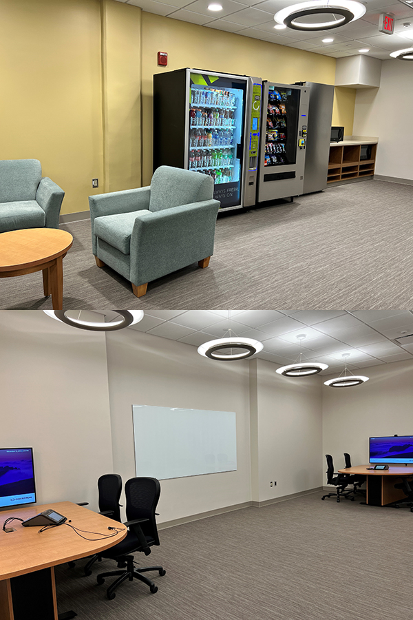 images showing lower level spaces with chair, fridge, microwave, collaborative study desks