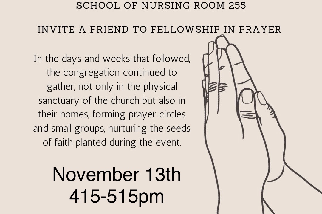 illustration of hands together in prayer; Invite a friend to fellowship in prayer; In the days and weeks that followed, the congregation continued to gather, not only in the physical sanctuary ...