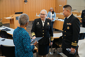 Dean Natalie D. Eddington, Admiral Rachel Levine, assistant secretary for health at the Department of Health and Human Services, Lieutenant Commander Kinbo Lee, PharmD '15
