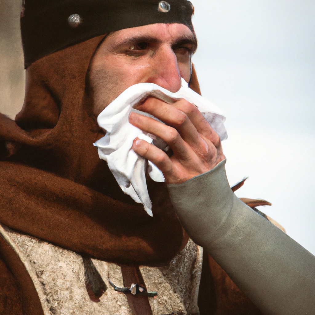 a medieval person blowing their nose