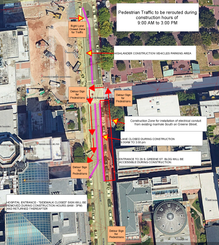 Map of pedestrian traffic re-route on N. Greene Street due to construction