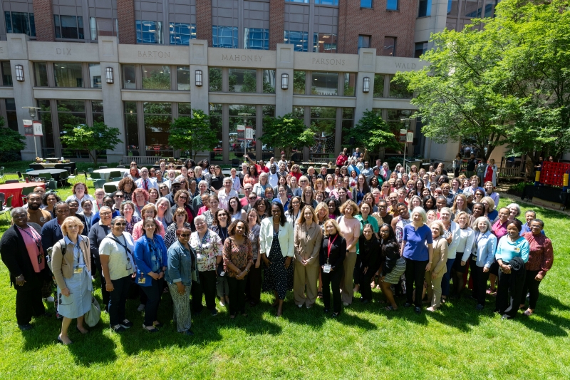 group of employees in the courtyard