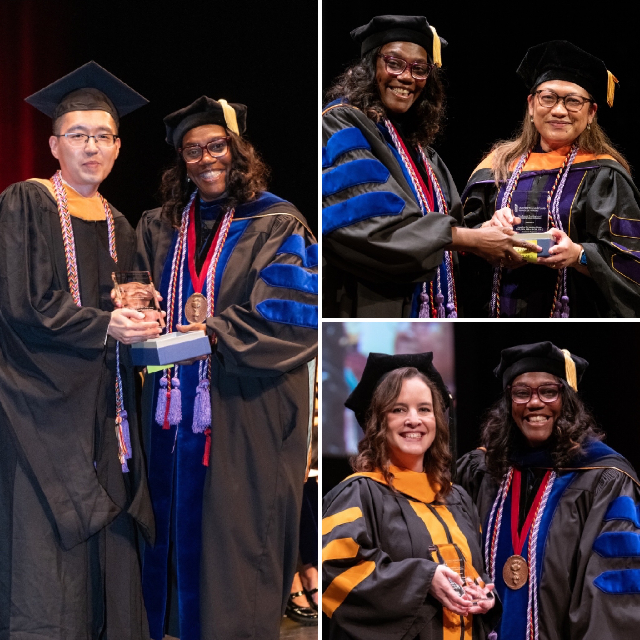 Teaching Award honorees in regalia receiving awards from Dean Ogbolu on stage at Convocation