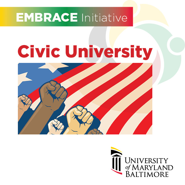 Civic University with raised fists and American flag as backdrop