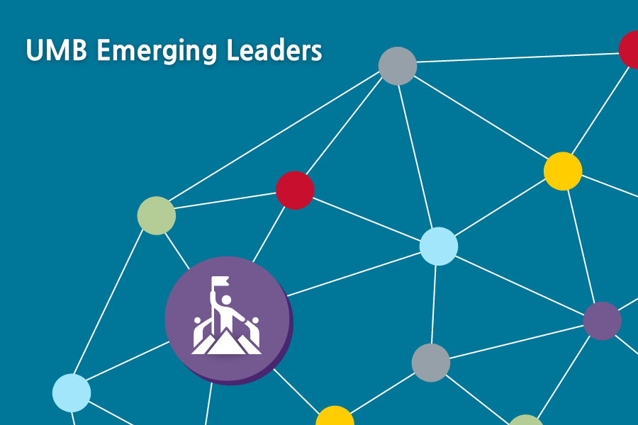 Connecting lines and multicolored circles, representing a network. An icon of a leader lifting up employees is featured. 