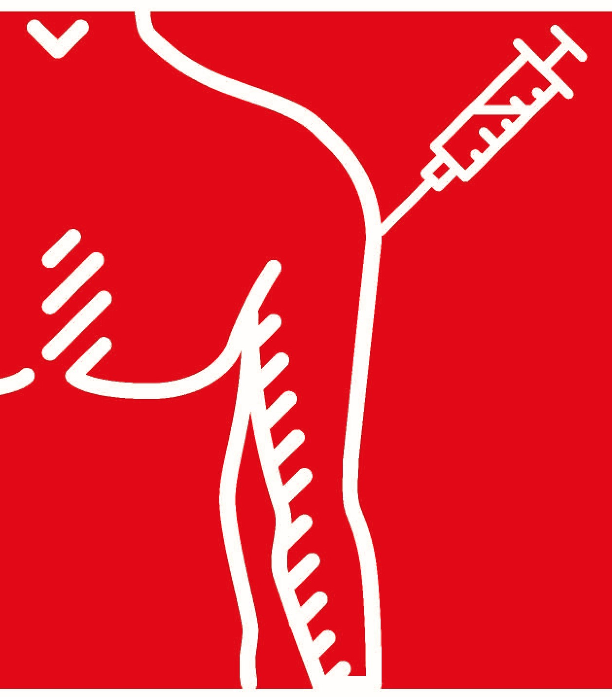 Red and white drawing of a human torso with a syringe giving a vaccination