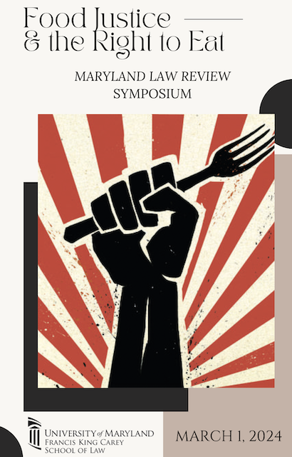 Food Justice and the Right to Eat with arm holding a fork on a red and white striped background