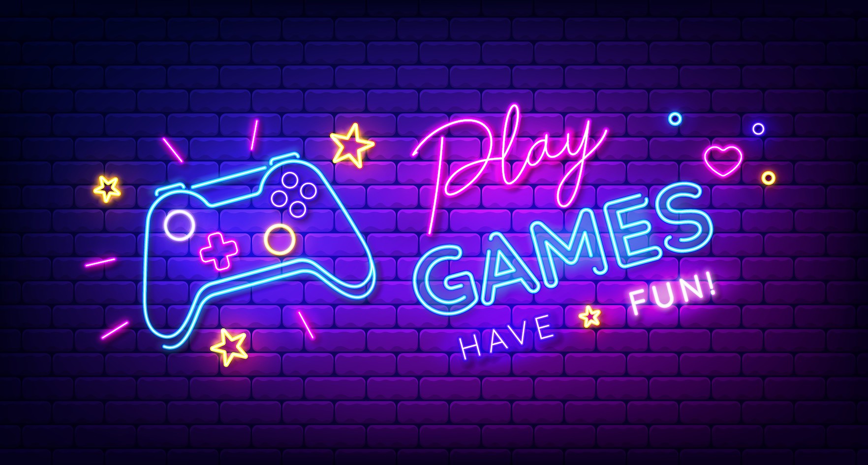 pink and blue neon sign featuring a gaming controller