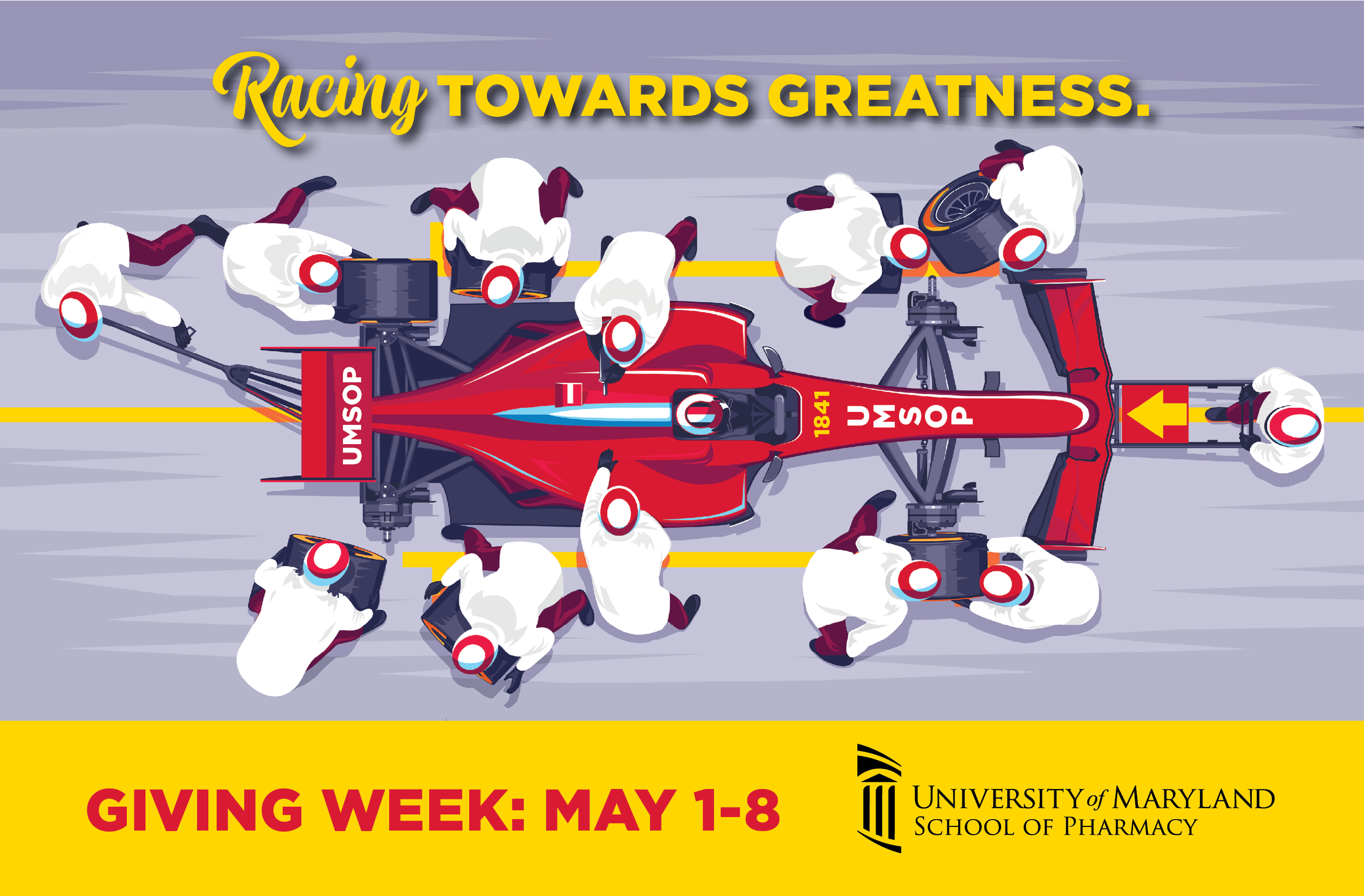 Graphic for UMSOP Giving Week from May 1-8. A racing car is worked on by a pit crew. 