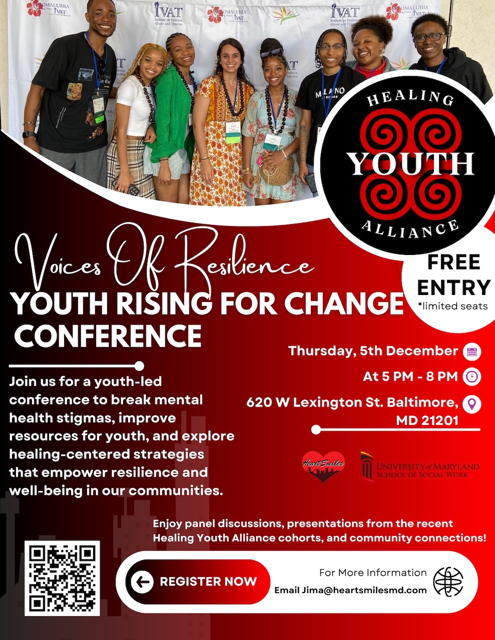 Group of people posing together at the Youth Rising for Change Conference, featuring healing and resilience strategies. Event details and registration information included in the poster.