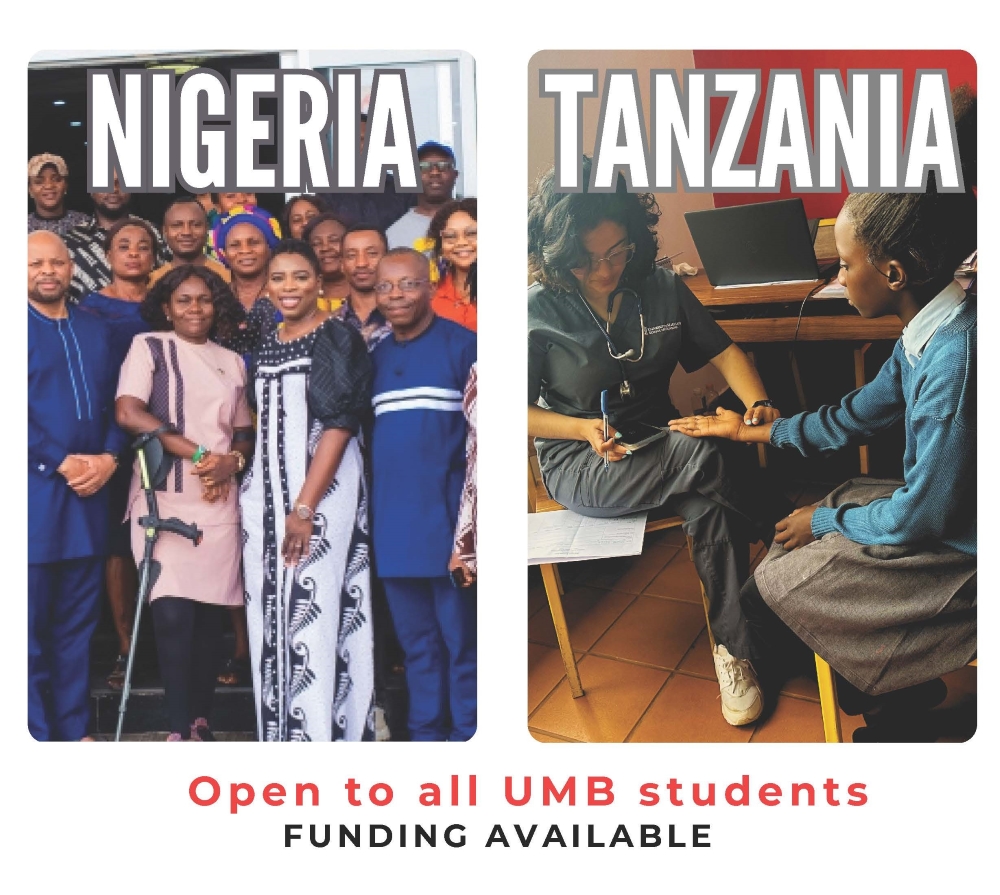 image of people in Nigeria on left, image of student with young patient in Tanzania on right; says 