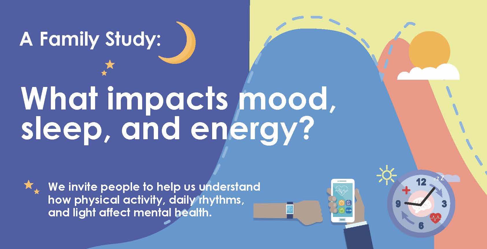 graphic: Family Study: What Impacts Mood, Sleep, and Energy with a moon and mountains and sun and clocks and watches