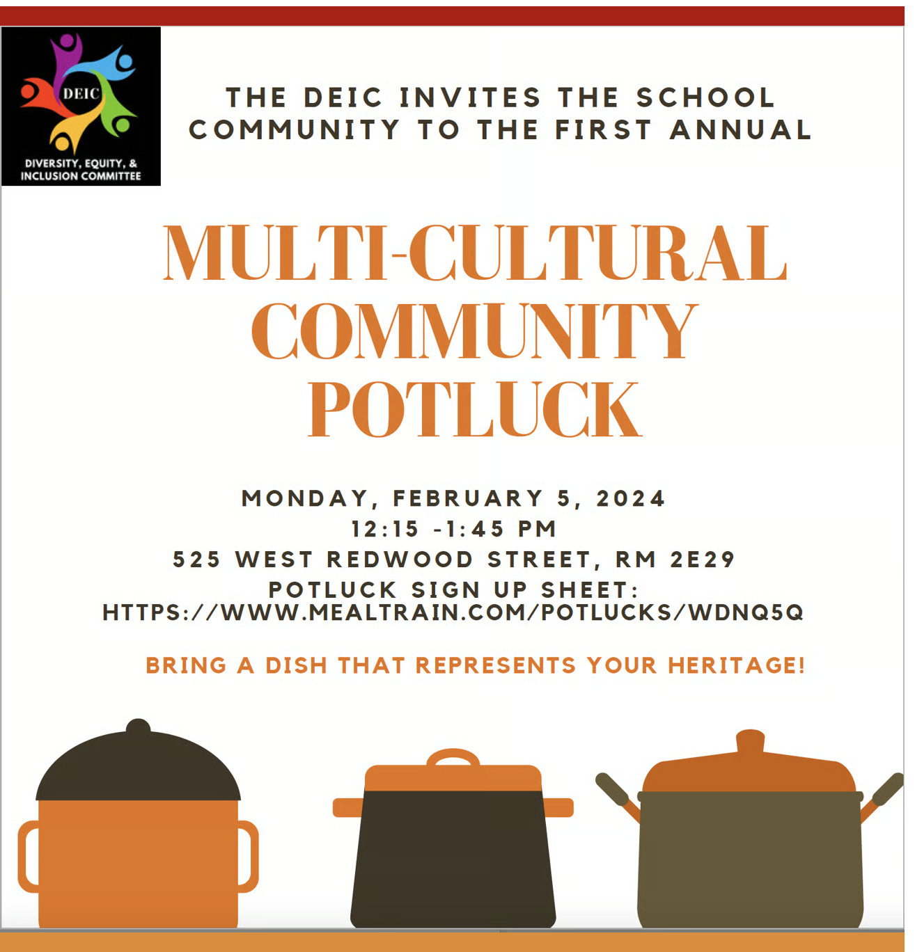 SSW Multicultural Community Potluck on Feb. 5 from 12:15-1:45 in the SSW, Room 2E29