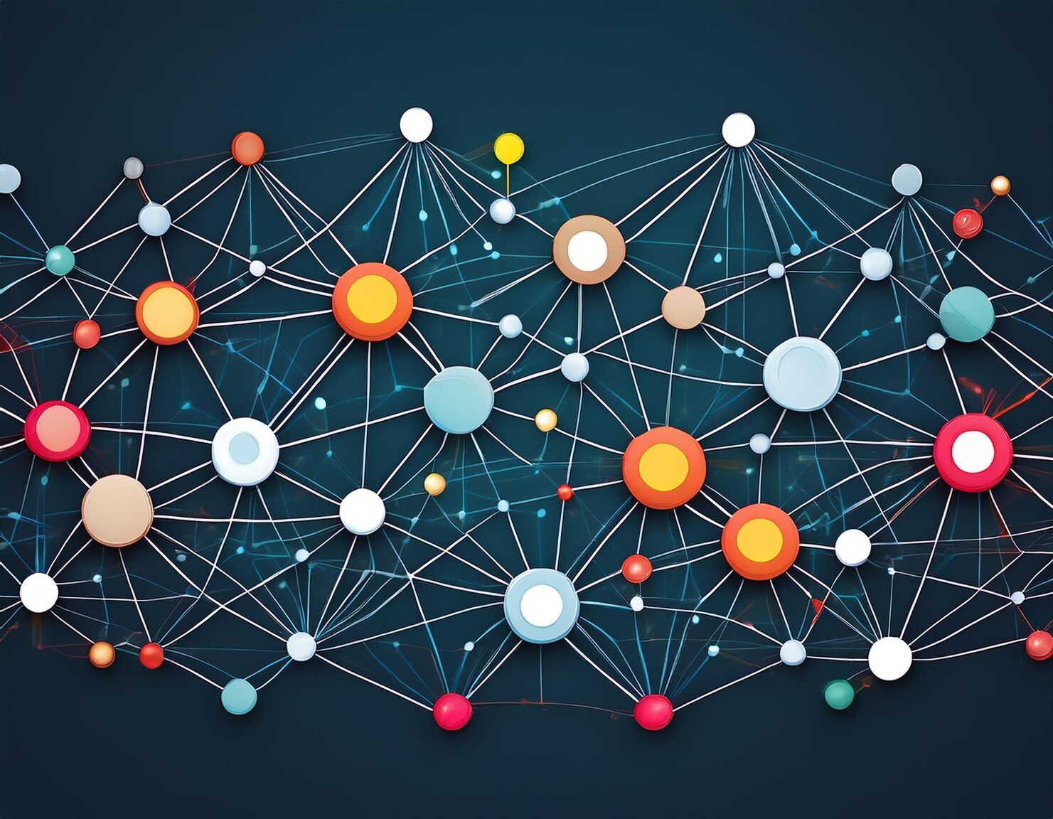 A network diagram with colorful nodes (red, orange, yellow, blue, white) connected by lines on a dark, tech-inspired background, symbolizing complex relationships or data connections.