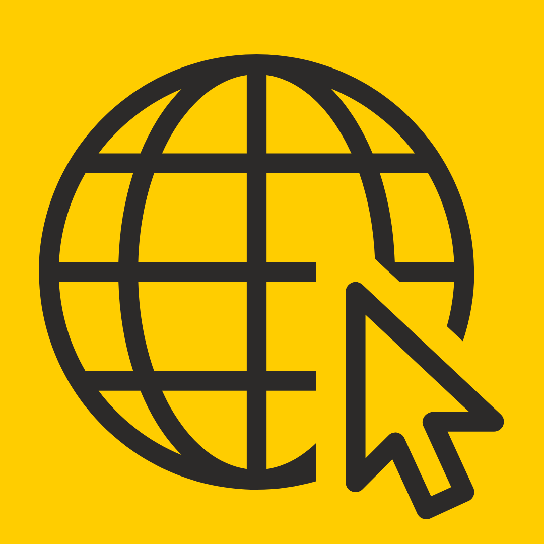 computer cursor and globe icon in black on yellow background