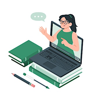 illustration of laptop, books, pencils, and person popping out of laptop with typing bubble