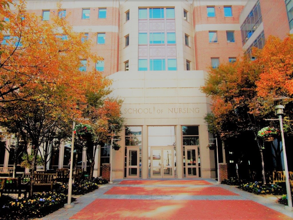 front of School of Nursing building wtih fall leaves