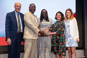 President Bruce Jarrell, DeJuan Patterson, Gail Graham, Hillary Edwards, and Dean Sarah LJ Michel at the awards ceremony.