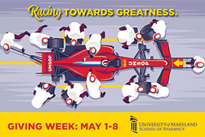 Giving Week graphic of a formula racing car getting worked on by a pit crew. Text says Racing Toward Greatness and Giving Week is May 1-8.